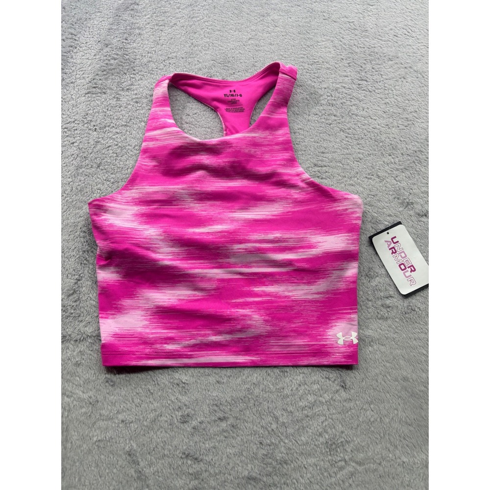 Under Armour Girls Youth L Motion Printed Crop Tank Hot‎ Pink White Sports Bra